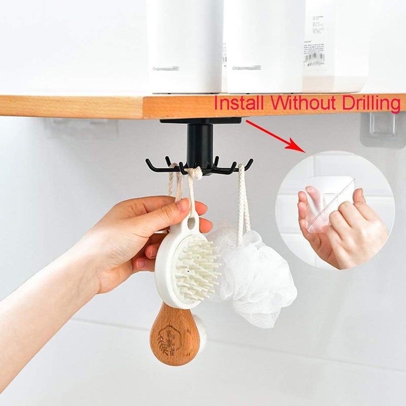 EigPluy 2pcs Under Cabinet Kitchen Utensil Hooks,360° Rotating Drilling Free Adhesive Utensils Hanging Rack for Tools/Towel/Knife (Black) - Image 3